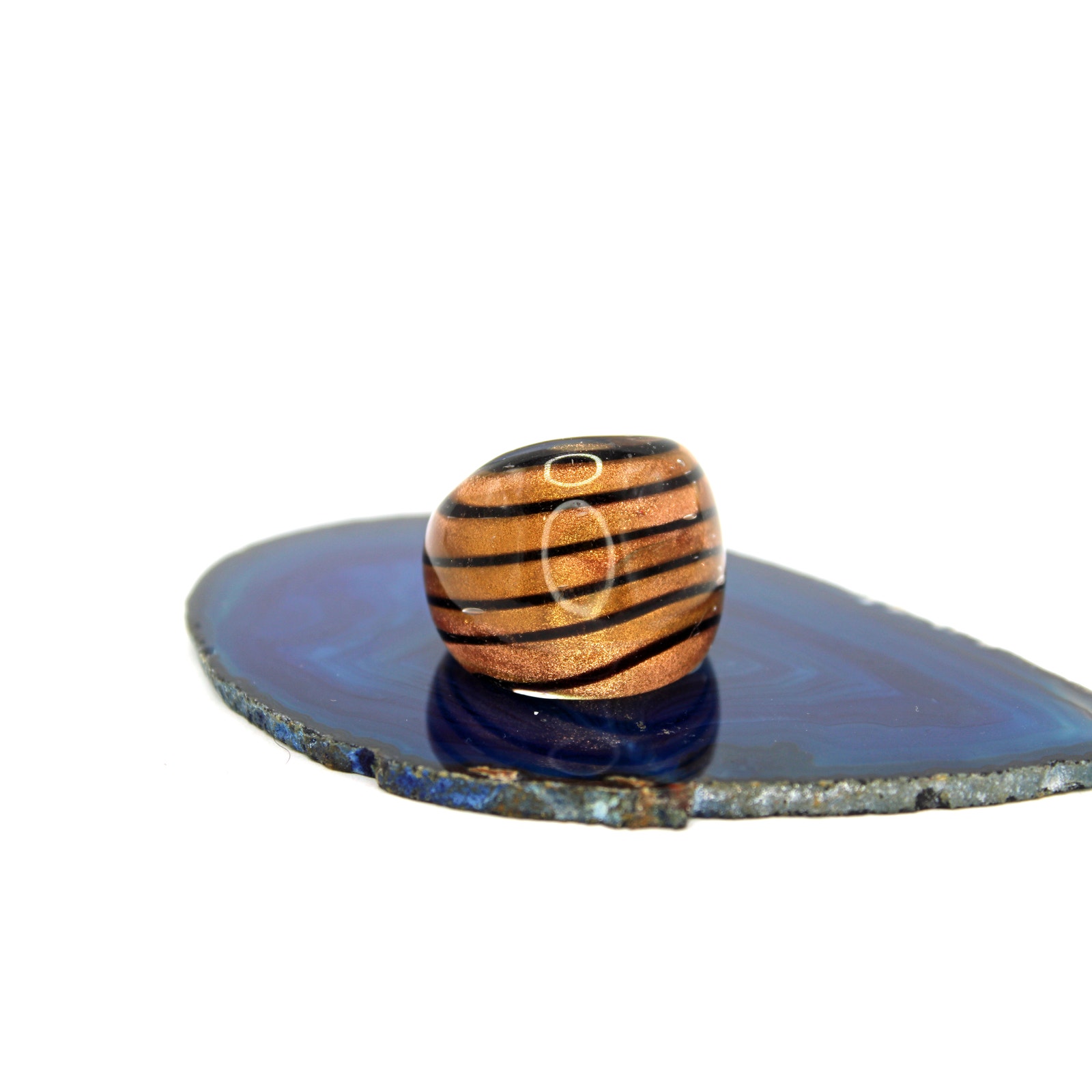 1970s Handblown Black Striped On Gold Glitter Glass Ring 18$
